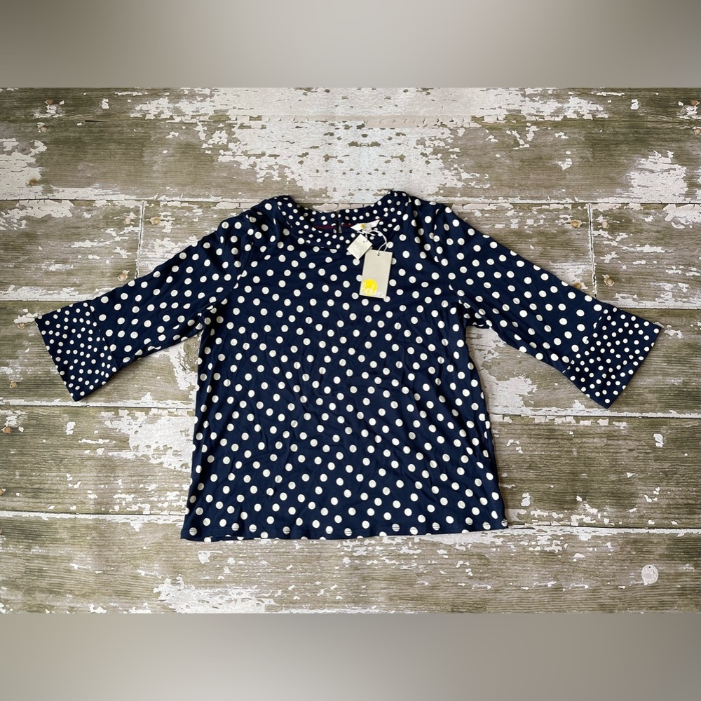 NWT Boden Women’s navy blue white polka dot flare sleeve top blouse US 14